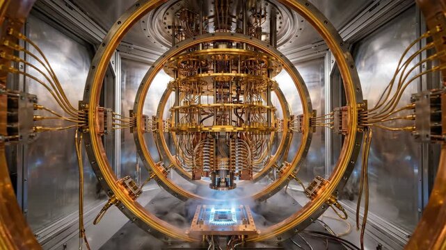 Quantum Computer Dilution Refrigerator Interior &mdash; Superconducting Qubit Chamber Cryogenic