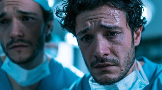 Devastated stressed surgeon sweating and crying after a failed operation in the operating room