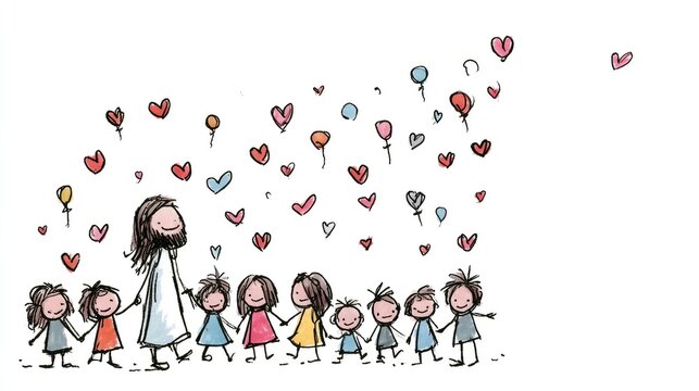 Sketch of Jesus with Children and Lovely Heart Balloons