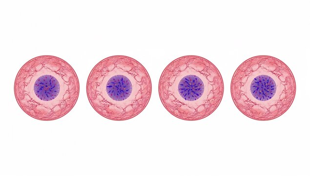 Microscope view of human cells in different stages of division with detailed cell structures