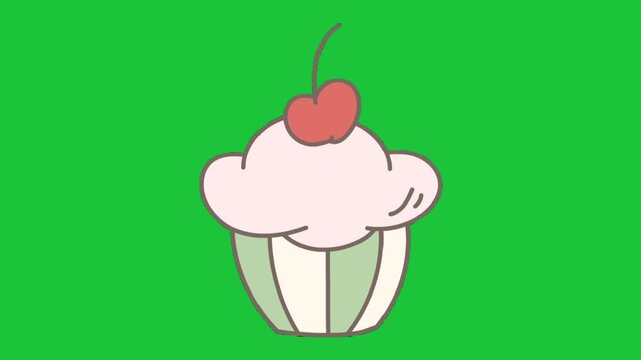 Cute cartoon cupcake with pink frosting and a red cherry on top isolated on green screen background