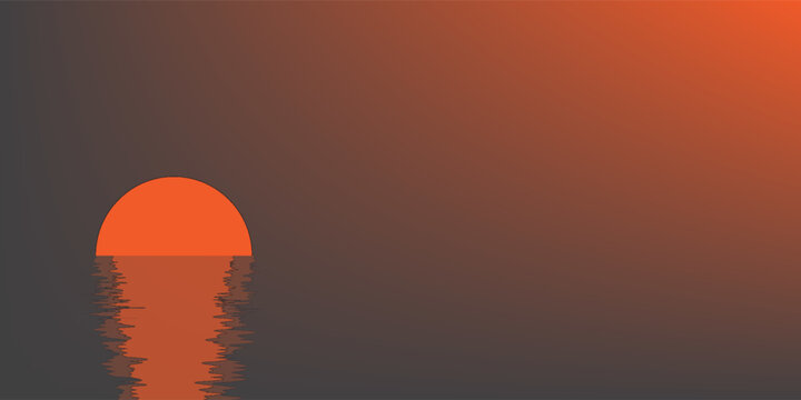 Minimalist vector illustration of a vibrant orange sun setting over dark water with a soft orange and grey gradient sky.