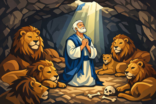 Daniel in the lions den old testament bible story of prophet Daniel saved by God after praying despite King Darius decree in Babylon captivity, religious cartoon stock  illustration,