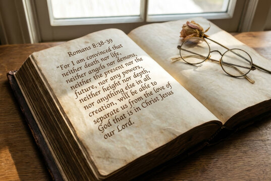 Open antique bible displaying Romans 8:38-39 verse about  Jesus Christ, Christian scripture for faith and worship, religious stock illustration