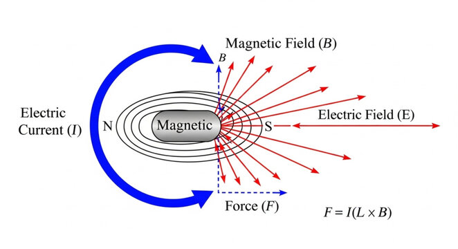 Magnetic field around electric current flow.