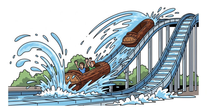 Log flume ride splashing water at amusement park.