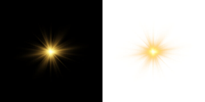Golden shining explosion with sharp rays and soft radiant aura for various overlays, PNG vector graphics.