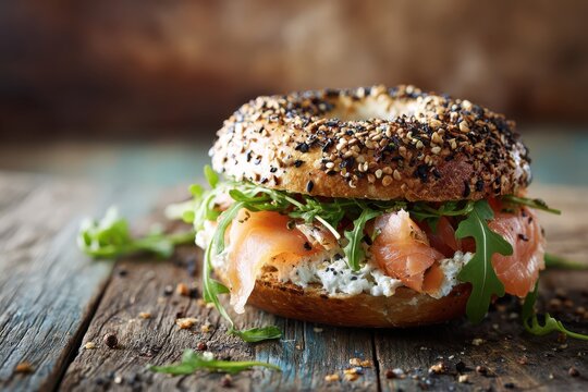 Everything bagel sandwich with smoked salmon cream cheese and fresh arugula on wooden table.
