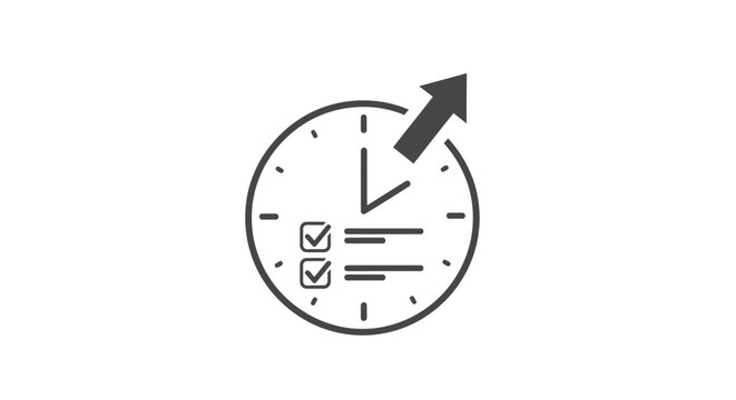A minimalist icon showing a clock face with a checklist and an upward arrow