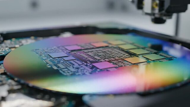 Silicon semiconductor wafer in cleanroom manufacturing environment.