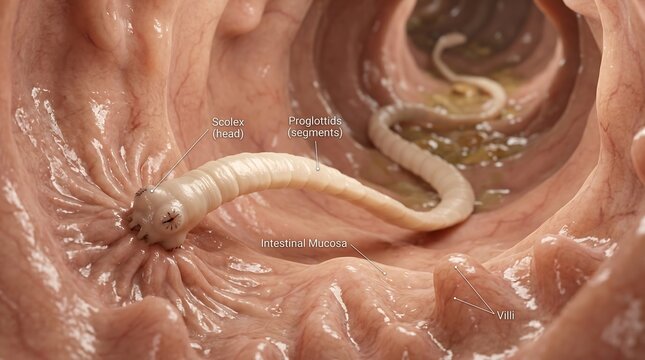 Educational healthcare illustration showing segmented tapeworm