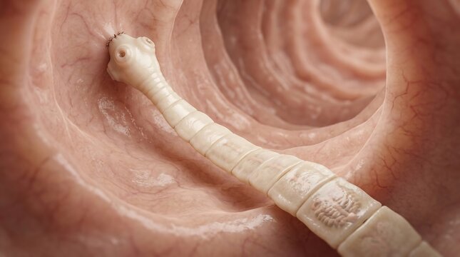 tapeworm infection visualization inside human intestine