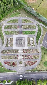 Aerial Top View of Colorful Rose Garden in Waki Yamaguchi Japan, Vertical Floral Pattern Landscape 05