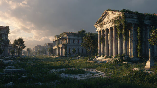 Lost civilization. Fantasy. A vivid portrayal of an ancient Roman temple complex bathed in the warm glow of the setting sun. The temple, with its grand columns and intricate carvings.
