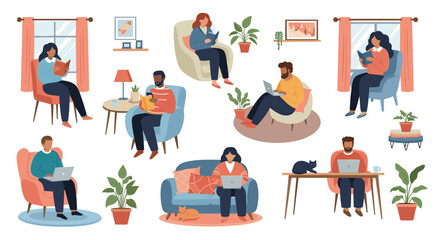 Fototapeta premium Collection of diverse people relaxing at home while reading books or working on laptops in different comfortable furniture.