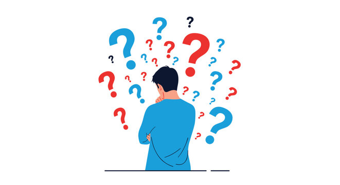 Confused man from a rear view looking at several floating red and blue question marks representing difficult decision making.