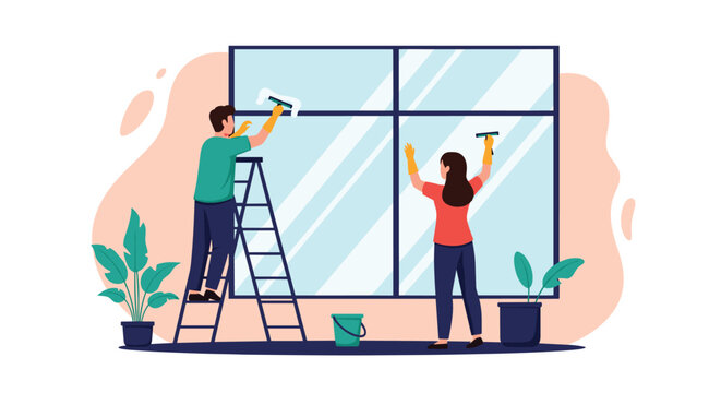Domestic chores illustration with a man and woman working together to clean a large window using squeegees and a ladder.