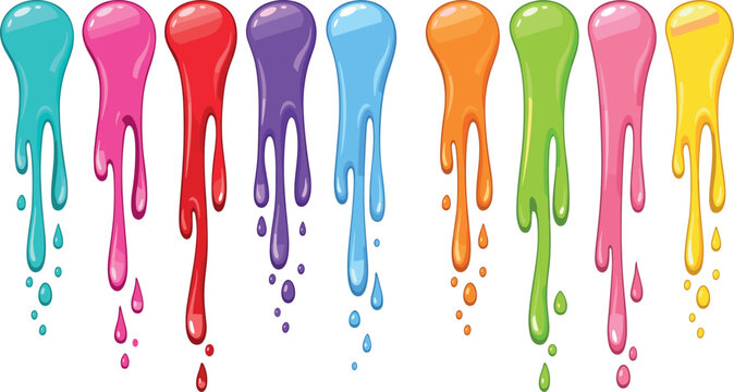 Colorful Glossy Liquid Drips and Melting Slime Droplets Vector Set for Shiny Paint Borders Halloween Themes and Creative Artistic Graphic Designs