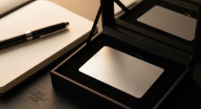 Metallic card in a presentation box with pen and notebook on leather surface
