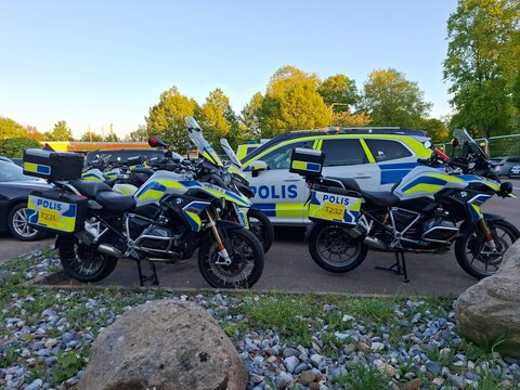 Swedish Police Motorcycles Parked Outdoors