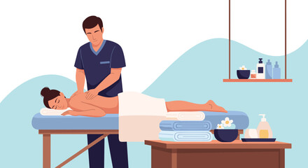 Fototapeta premium Professional massage therapist provides a relaxing back treatment for a woman on a spa table in a serene and peaceful wellness center environment.