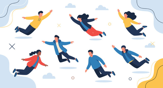 Diverse group of people floats or skydiving through the air with joyful expressions, representing freedom, weightlessness, and outdoor fun.