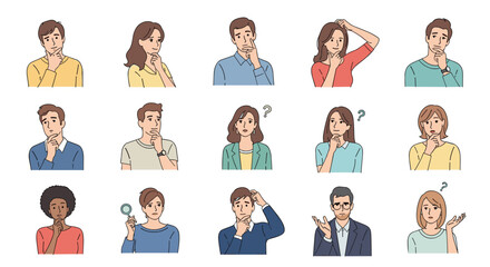 Fototapeta premium Diverse group of people shows various thinking, wondering, and questioning facial expressions in a grid of creative character portraits.