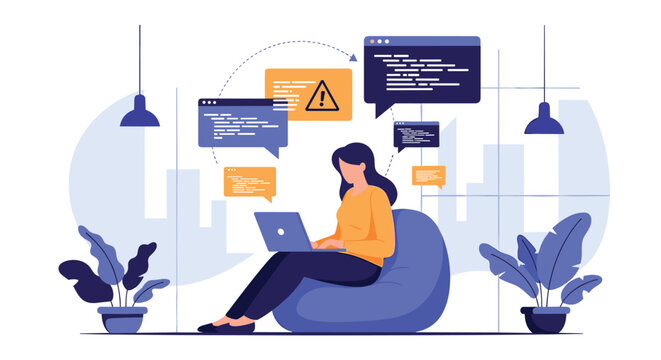 Professional female programmer or software developer works on a laptop in a modern office with code windows and plants around.