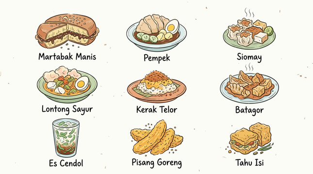 A delightful collection of popular Indonesian street food dishes, illustrated in a charming hand-drawn style.