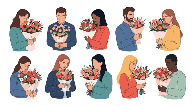 Collection of diverse men and women holding and smelling bouquets of fresh red and pink roses as gifts for a special celebration.