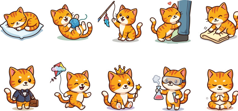 Chibi orange cat sticker pack, adorable cartoon kitten emojis in various emotional states and professions, funny feline character collection isolated on white background for graphic design.