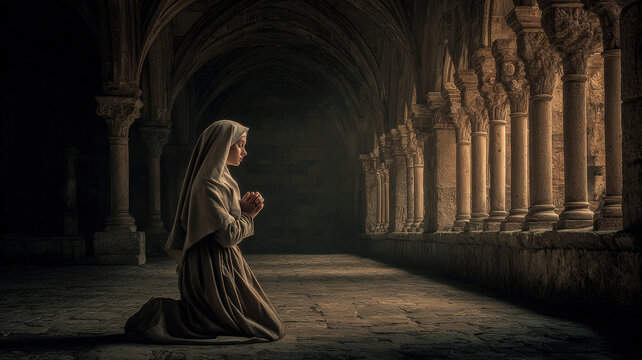 Europe medieval lifestyle. A dramatic portrayal of a nun in a contemplative pose, kneeling in a grand, arched corridor. She wears a long, flowing robe and veil.