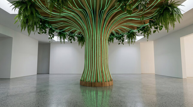 Interweaving raw plywood segments with electroluminescent green conduits to form a synthetic biological anchor within a sterile monochromatic gallery.