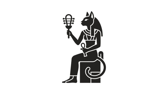 Ancient Egyptian deity Bastet holding a sistrum and ankh symbol.