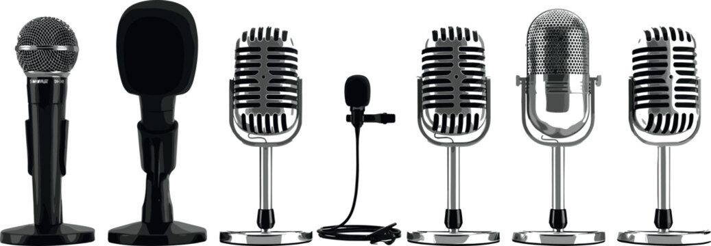 Professional Microphone Vector Icon Set Featuring Retro Vintage Studio Mics and Lavalier Lapel Clip Designs for Podcasts Audio Recording and Streaming