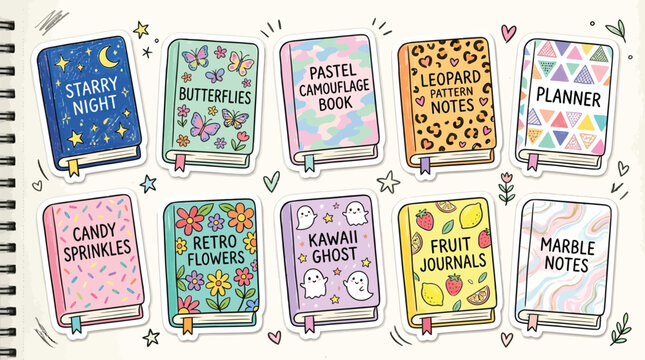 A collection of cute, hand-drawn notebooks with various patterns and themes, including starry night, butterflies, and fruit.