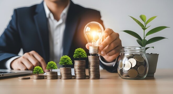 Small trees growing on stacks of coins with a man holding a light bulb. Sustainable investment and bright financial ideas. Business professional planning growth with cash and innovation