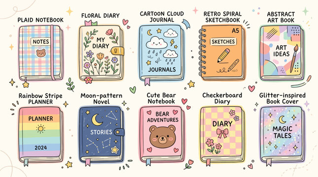 Collection of cute and colorful notebooks and diaries with various designs and themes, including plaid, floral, cartoon, and abstract art.