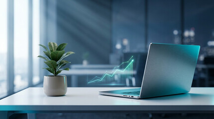Fototapeta premium Unbranded laptop on a white corporate desk displaying a glowing green holographic financial growth chart in a modern evening office setting