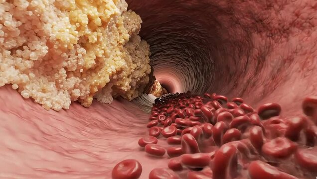 Inside a narrowing artery, sugar-related plaque slowly forming along vessel walls, red blood cells struggling through restricted flow