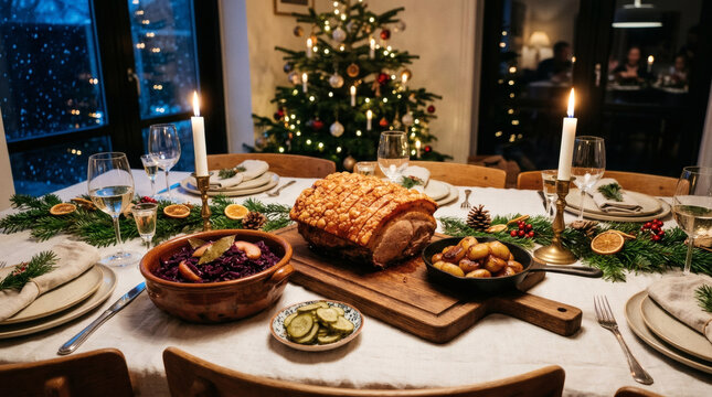 Fl&aelig;skesteg Roast Pork Traditional Dinner Table Scene in Danish Style
