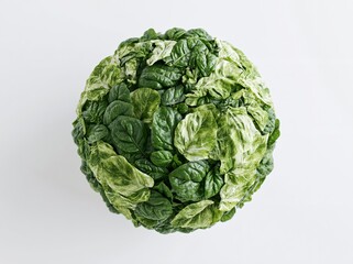 Fototapeta premium Conceptual flat lay of a spherical arrangement of fresh green spinach leaves on a clean white background, showcasing vibrant textures and colors