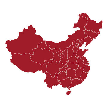A deep red map illustration of the country of China highlighting its administrative provinces and regions icon