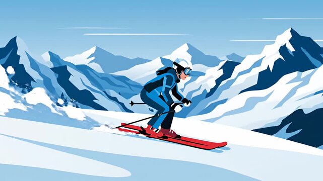 Skier descending snowy mountain slope under a clear blue sky