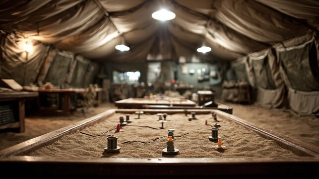 strategic. Interior of a military command tent with a sand table and strategic markers. public awareness campaigns, NGO reports, designed for public awareness campaigns and NGO communications.