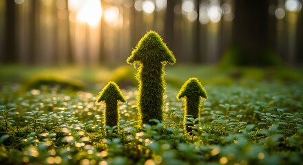 Fototapeta premium Eco business direction and green strategy. Environmental growth concepts. Three arrows made of green moss growing in a sunny forest landscape