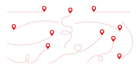 Simple route map icon with location pin. Route dash line with location pin. Hand drawn curve dotted line vector set.  © Jerrymoon