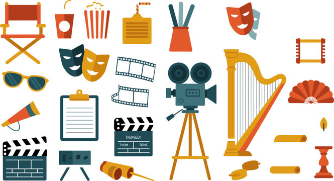 Vintage Theater and Cinema Entertainment Icon Set with Camera, Harp, Clapper, Masks, and Film Flat Design Vector Illustration