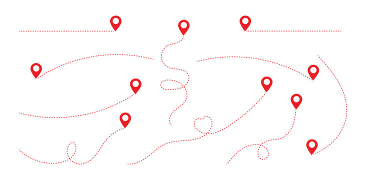 Simple route map icon with location pin. Route dash line with location pin. Hand drawn curve dotted line vector set.	