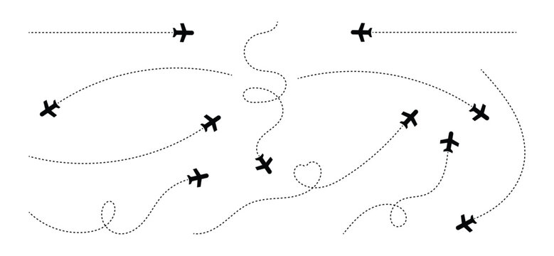 Airplane route icons with dotted flight paths. Airplane line path icon set. Airplane routes vector set. Plane flight path vector set.	
